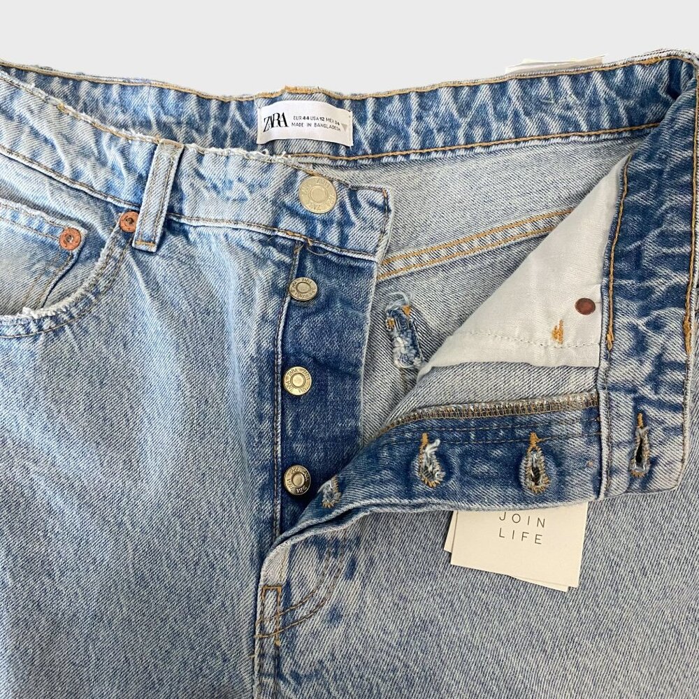 Zara High-Waisted Denim Ankle Jeans Blue Womens Size 12 Straight-Leg Raw-Hem New - Picture 8 of 14